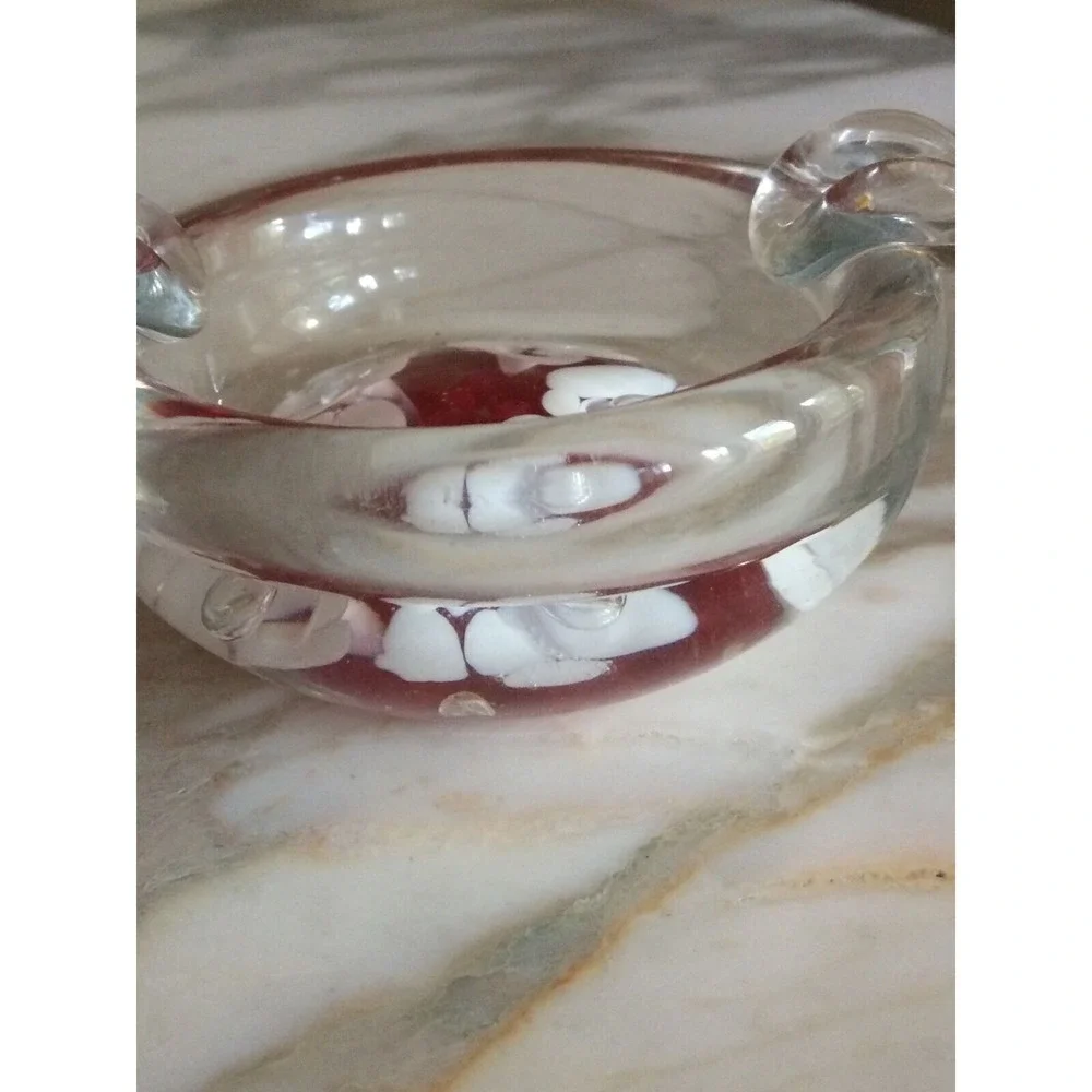 Vintage Murano Style Glass Ashtray With Red & White Floral Design 2-Handle Bowl